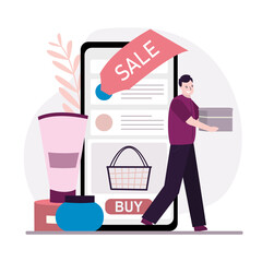 Customer buy cosmetic in online store. App on phone screen for buying skin care products. Man chooses and buys makeup in the internet shop