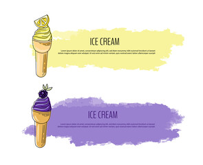 Summer Flyer with lettering and watercolor background. Vector illustration with lemon and blueberry ice cream. © Katisko