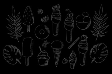 Complete collection of cartoon summer delicious ice cream in flat style. Vector illustration. Drawn white chalk on a blackboard doodle © Katisko