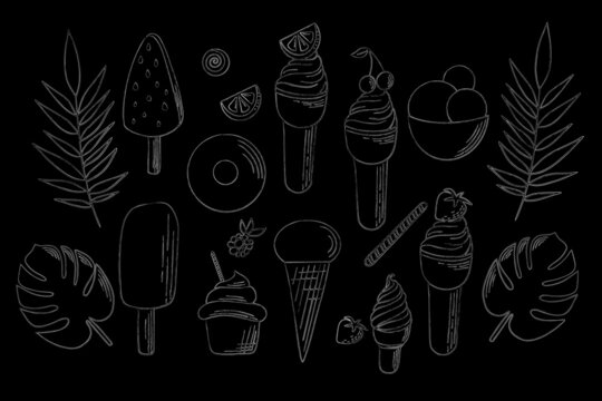 Complete collection of cartoon summer delicious ice cream in flat style. Vector illustration. Drawn white chalk on a blackboard doodle