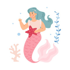Fantasy beautiful girl mermaid with pink tail holding starfish in hand