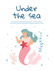 Color poster with cute girl mermaid with pink tail holding starfish in hand.