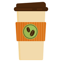 A paper cup with natural coffee. Coffee drink on a white background. Disposable coffee cup icon with coffee beans logo, flat design vector illustration with long shadow