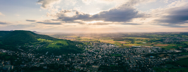 Aerial panorama of the city of Heubach, near Aalen, Ostalbkreis, Germany at sunset 