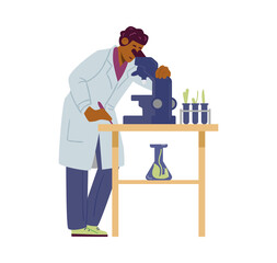 Bio laboratory worker watching microscope, flat vector illustration isolated.