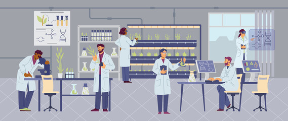 Laboratory scientists and biologists examining plants, flat vector illustration.