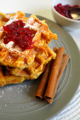 close gluten-free pumpkin Belgian waffles sprinkled with powdered sugar lie with cinnamon sticks on a gray plate next to currant jam side view
