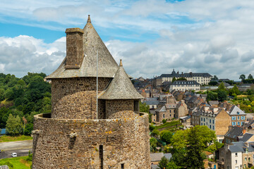 Interior of the castle of Fougeres and the city in the background. Brittany region, Ille et Vilaine department, France