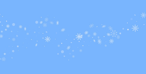 White delicate openwork snowflakes are scattered on a blue background. Festive background, postcard design, wallpaper