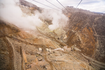 Hakone Ropeway across Owakudani Valley and active volcano. Located in Fuji Hakone Izu National Park, Japan.