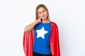 Super Hero caucasian woman isolated background with neckache