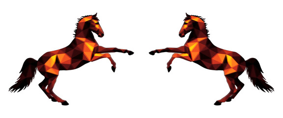 two horses on their hind legs, an image in the low poly style, isolated on a white background