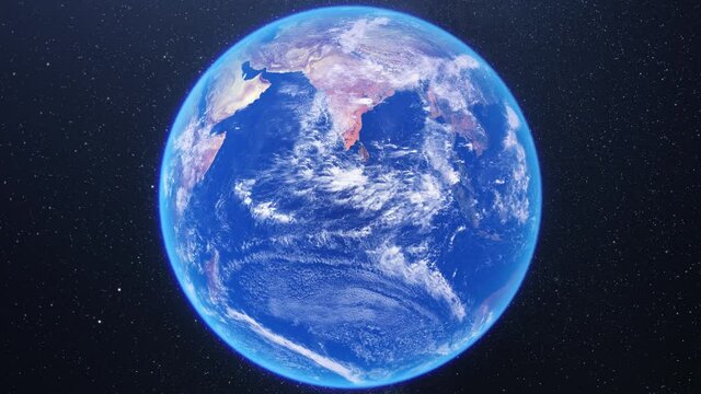 Blue planet earth rotating on starry night space background. 3d globe representing the world map. Frontal view. Concept of globalization, environment, climate change, communication, internet,business