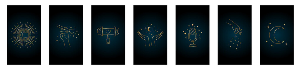 vector illustratons, golden stories and highlight covers with magical asmr icons for social media and prints