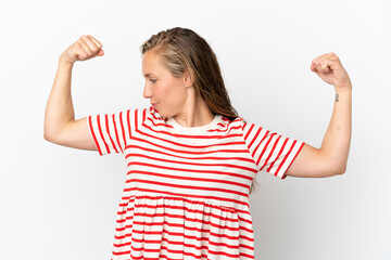 Young caucasian woman isolated on white background doing strong gesture