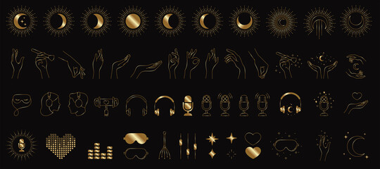 golden magical asmr icons and logos, minimalistic vector illustrations