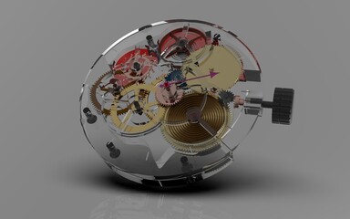 Clockwork with various metal gears and glass covers