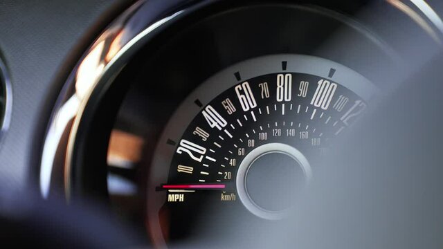 Classical speedometer view on an American muscle car. High RPMs. Burning tires. 
