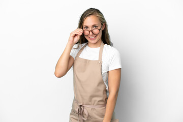 Restaurant waiter caucasian woman isolated on white background with glasses and happy