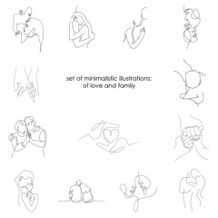 set of illustrations of loving couples and families