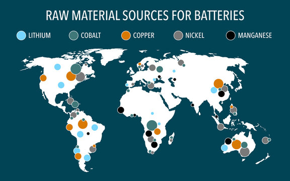 Map of raw material sources for battery production around the world