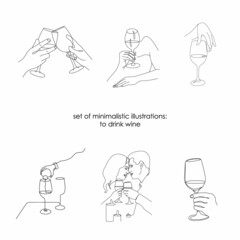 set of illustrations of wine, glass of wine, have dinner