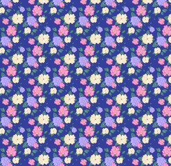 Floral botanical pattern with violets and leaves on a purple background