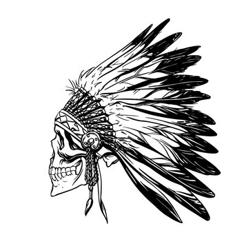Hand drawing of a skull of an Indian tribal warrior in a traditional headdress. Vector illustration
