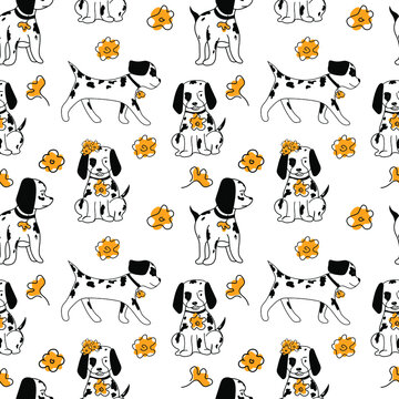 Seamless pattern. Dalmatian from different angles with yellow flowers. Vector in flat style. Black and white drawing in one line. Suitable for packaging and textiles.
