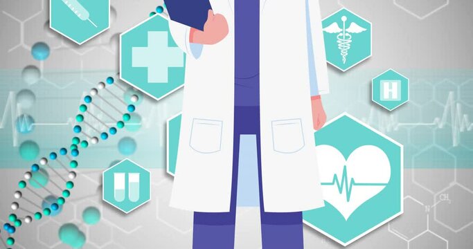 Animation of doctor wearing face mask icon over digital icons on grey background