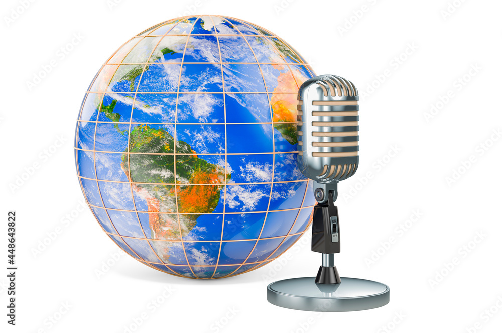 Aufkleber retro microphone with earth globe. 3d rendering