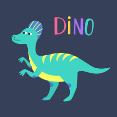 Cartoon dinosaur with "dino" lettering.