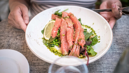 A plate of salmon.