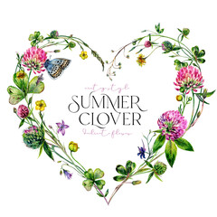 Watercolor Heart-Shaped Clover WreathIsolated on White.