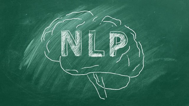 Neuro-linguistic programming. Chalk drawing of the human brain in the blackboard with lettering NLP inside.