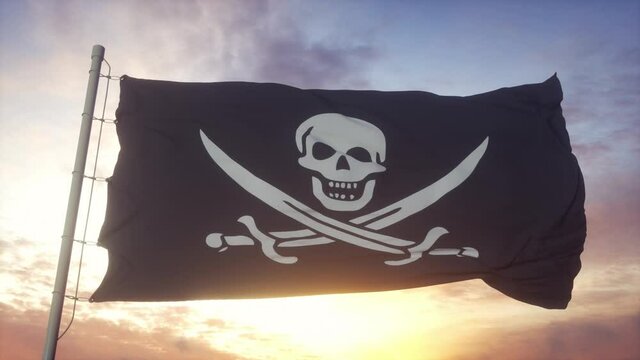 Realistic Pirate flag waving in the wind, sky and sun background