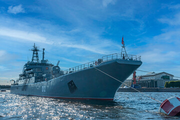 Saint Petersburg, Russia - July 24, 2021 - Modern warship parked before the naval parade