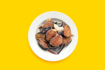 Catfish cut pieces in plate on yellow background.