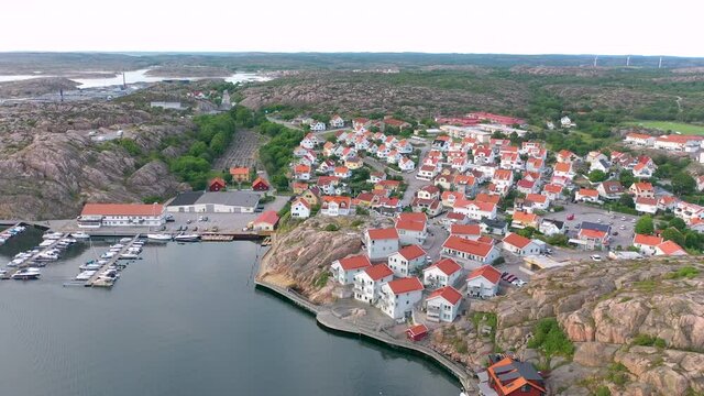 Beautiful coastal village of Kungshamn on the west coast of Sweden, aerial view from above
