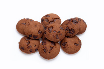 Chocolate chip cookies on white background.