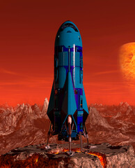 Obraz premium rocket on the red planet is ready to take off