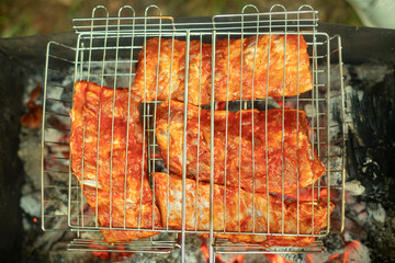 The meat is grilled on coals. Chunks of toasted meat on an iron mesh.