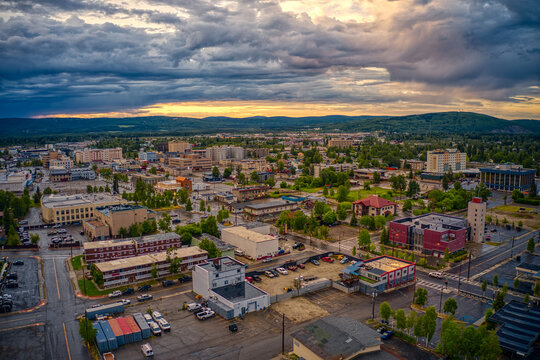 Aerial View Of Downtown Fairbanks, Alaska During A Stormy Summer Sunset