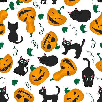 Seamless pattern Halloween pumpkin and black cat on a white background. Vector flat illustration. wallpapers, textiles, banners design. Festive theme - pumpkin with smile and cat. 