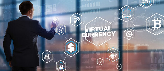 Currency symbols on a virtual screen. Virtual Currency Exchange Investment concept 2021
