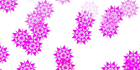 Light purple, pink vector pattern with colored snowflakes.