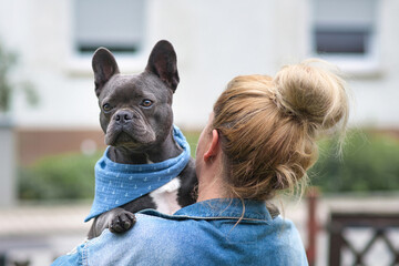 Blond Wwoman holding French Bulldog dog over shoulder
