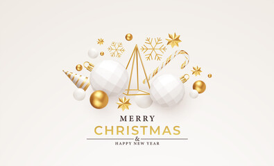 Merry Christmas and Happy New Year Background. Gold and White 3d objects holidays composition. Christmas tree, Christmas decorations, snowflakes and stars. Vector illustration