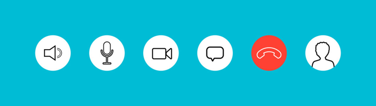 Video Call Icon. Button Of Chat, Mute, Microphone And Camera. Interface Icon For Online Conference, Meeting And Webinar. Set Of Symbol For Web Ui On Screen Of Phone Or Computer. Vector