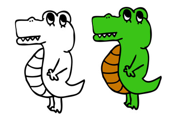 Simple Doodle Cute Little outline and color crocodile for coloring learning,